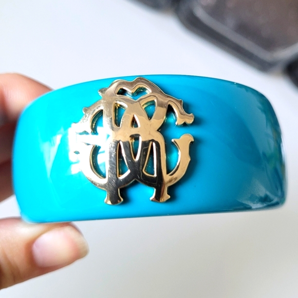 Roberto Cavalli Teal Blue Logo Wide Chunky Bangle Bracelet - Picture 6 of 9